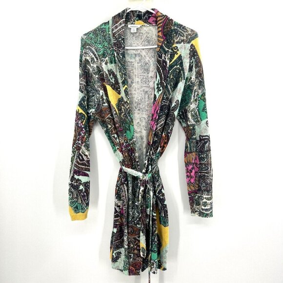 Sundance Paisley Print Linen Cotton Blend Cardigan Tie Front Sweater Small - Picture 1 of 8